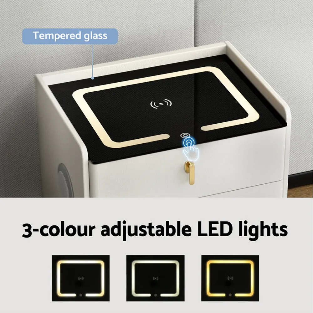 3 Drawer Smart Bedside Table with Wireless Charging, LED Lights & Bluetooth Speakers - White