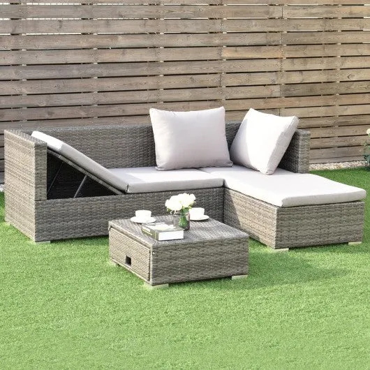 3 pcs Steel Frame Adjustable Seat Rattan Wicker Sofa Furniture Set