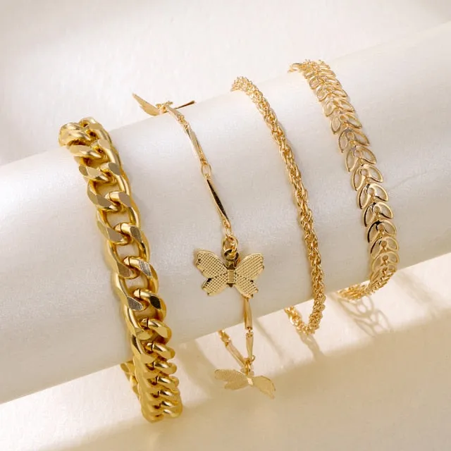 4Pcs Punk Heavy Metal Big Thick Chain Bracelet Set Women Retro Geometric Metal Twist Chain Bangles Bracelet Fashion Jewelry