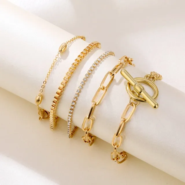 4Pcs Punk Heavy Metal Big Thick Chain Bracelet Set Women Retro Geometric Metal Twist Chain Bangles Bracelet Fashion Jewelry