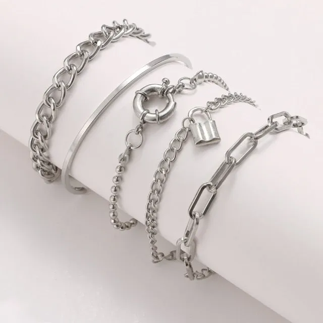 4Pcs Punk Heavy Metal Big Thick Chain Bracelet Set Women Retro Geometric Metal Twist Chain Bangles Bracelet Fashion Jewelry