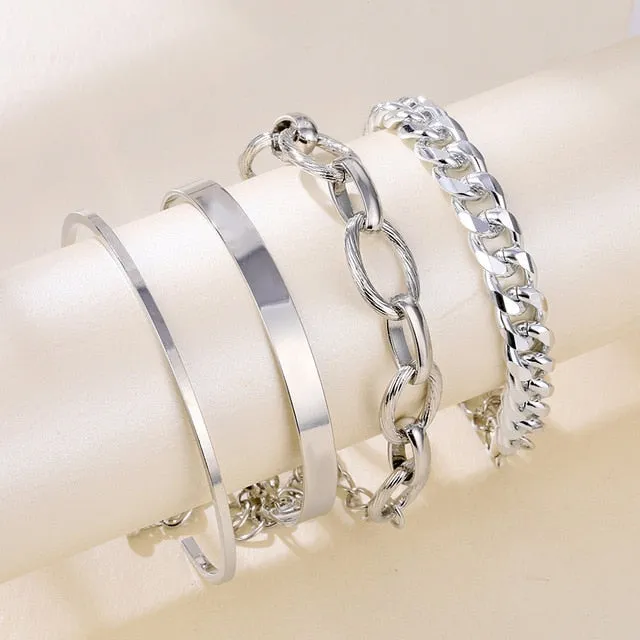 4Pcs Punk Heavy Metal Big Thick Chain Bracelet Set Women Retro Geometric Metal Twist Chain Bangles Bracelet Fashion Jewelry