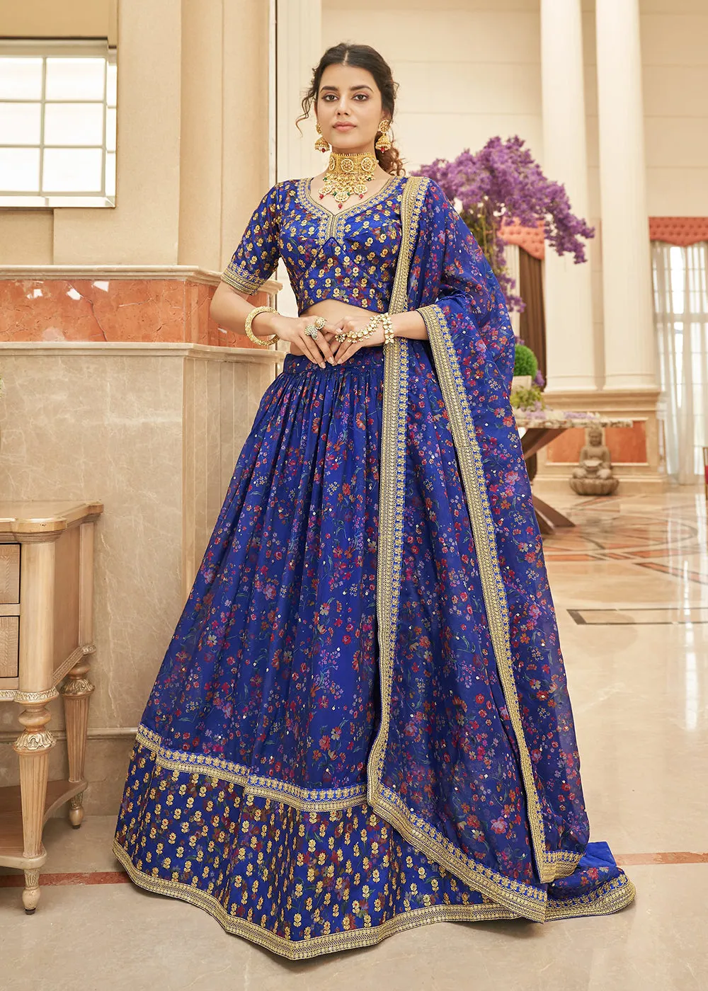 Appealing Blue Organza Heavy Embroidery Wedding Lehenga Choli