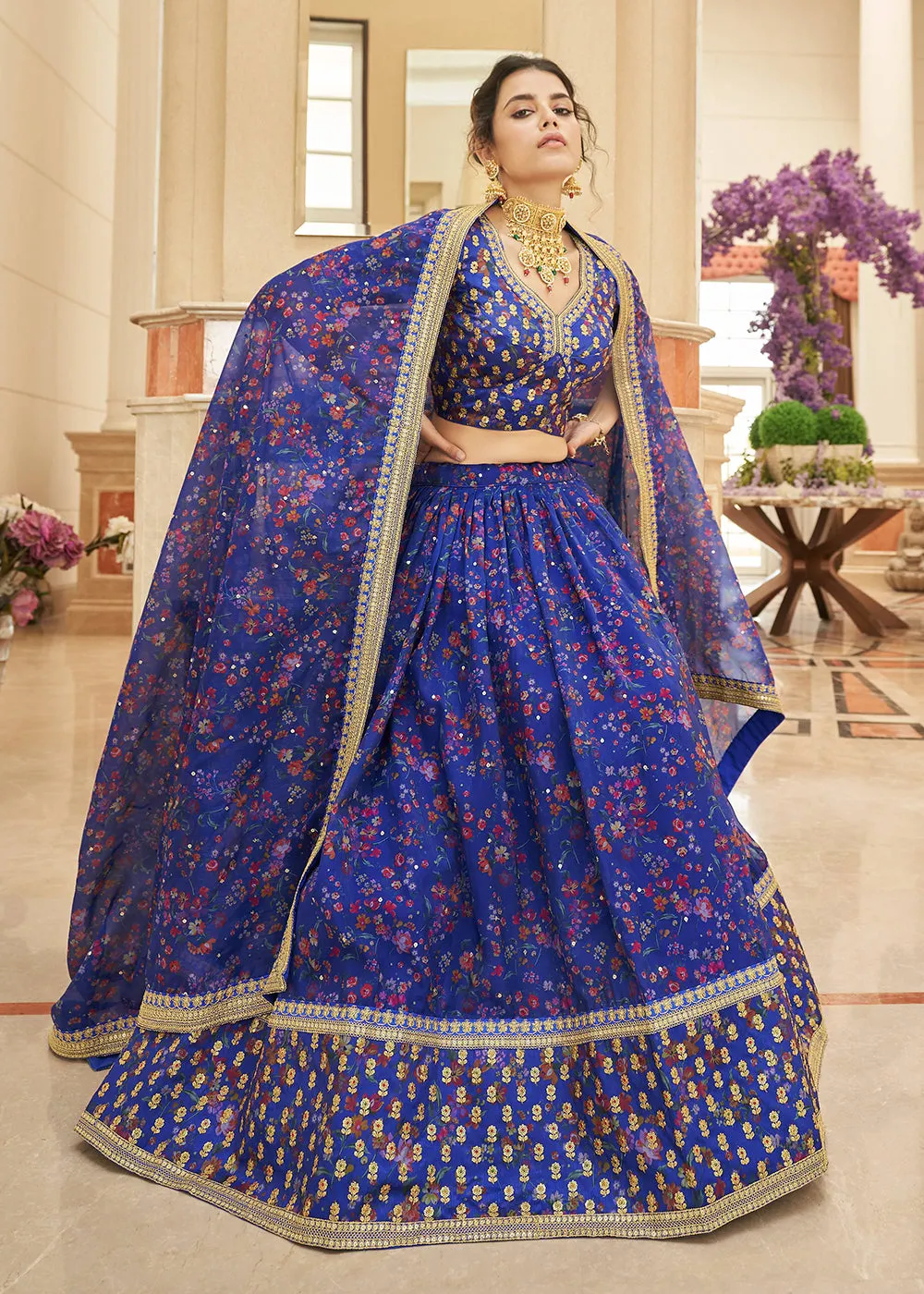 Appealing Blue Organza Heavy Embroidery Wedding Lehenga Choli