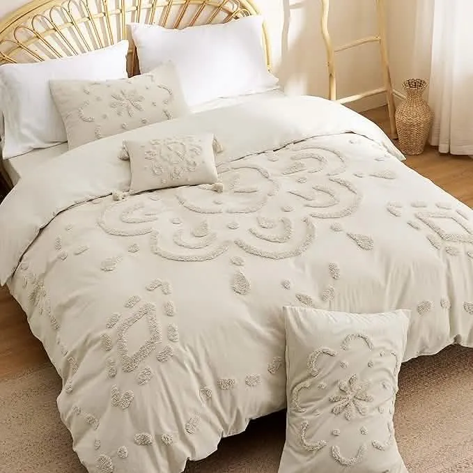 Bedsure 100% Cotton Tufted Duvet Cover Set Beige