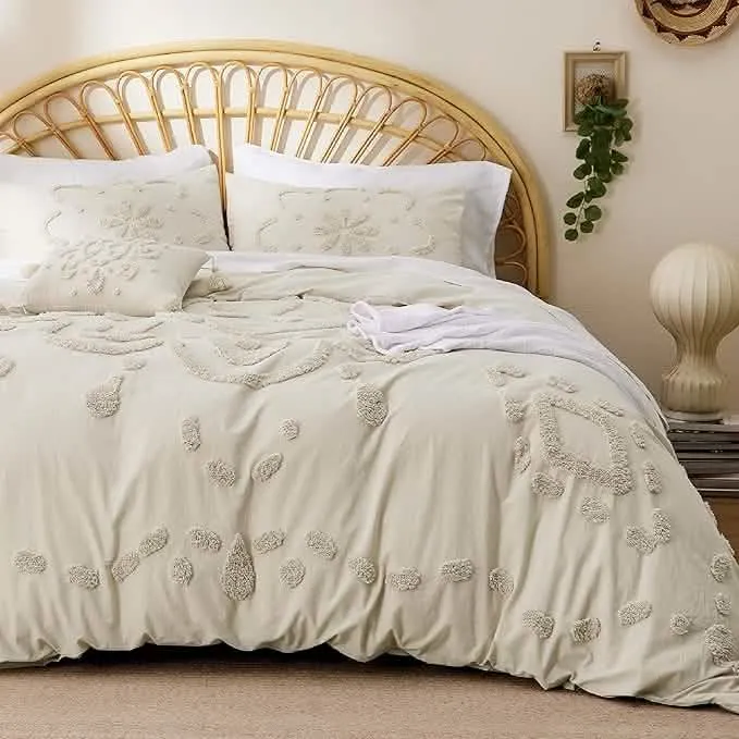 Bedsure 100% Cotton Tufted Duvet Cover Set Beige