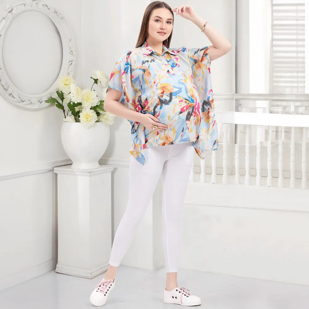 Blue Abstract Printed Maternity Nursing Kaftan Shirt