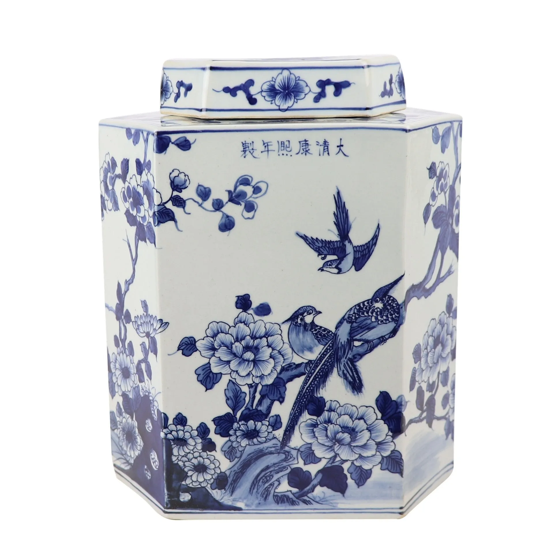 Blue and White Hexagonal Floral and Bird Jar