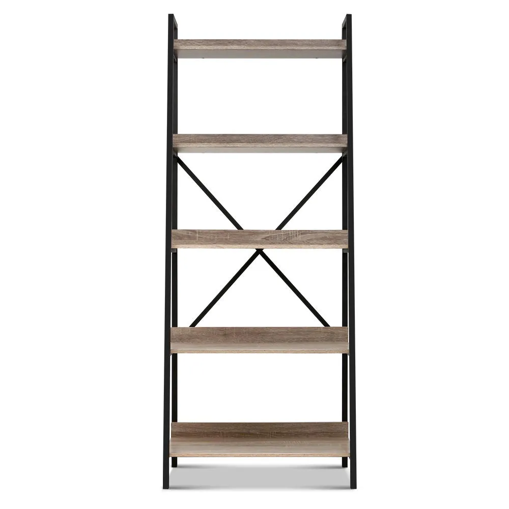 Bookshelf 5Tier Metal Bookcase Bookshelves Oak Book Shelf Display Storage