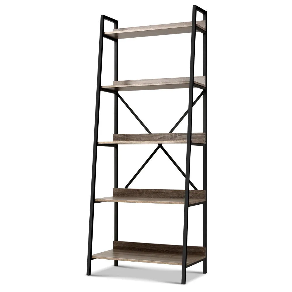 Bookshelf 5Tier Metal Bookcase Bookshelves Oak Book Shelf Display Storage