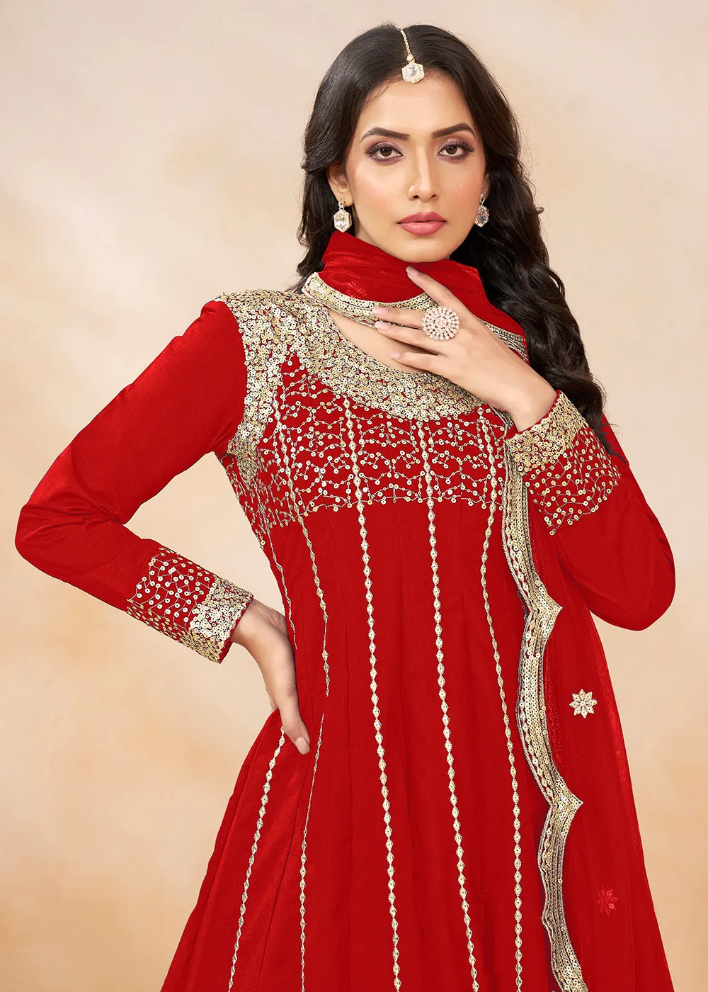 Charming Red Punjabi Dhoti Style Festive Party Suit