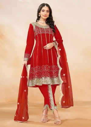 Charming Red Punjabi Dhoti Style Festive Party Suit