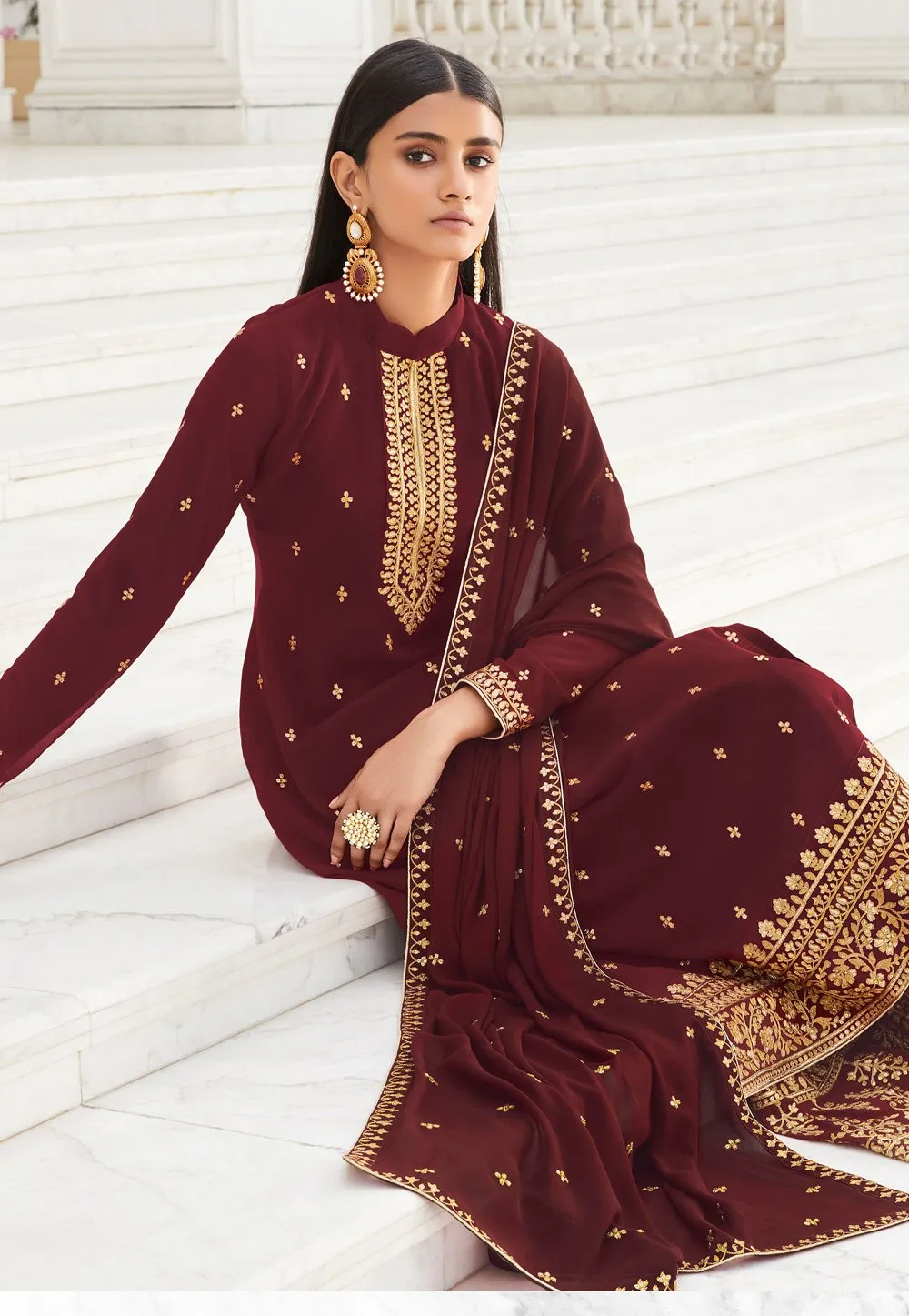 Dazzling Maroon Zari Embroidered Flared Palazzo Suit