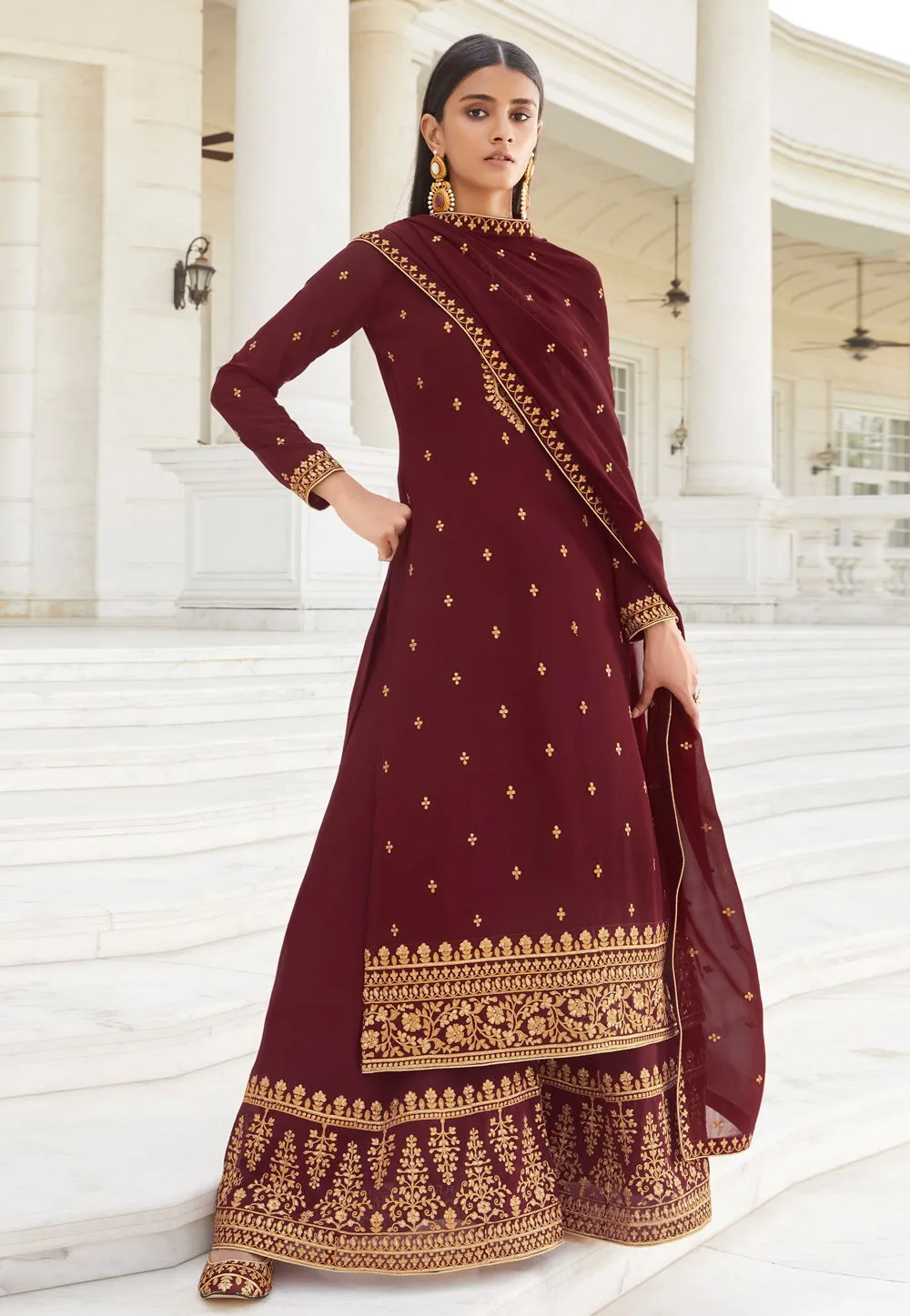 Dazzling Maroon Zari Embroidered Flared Palazzo Suit