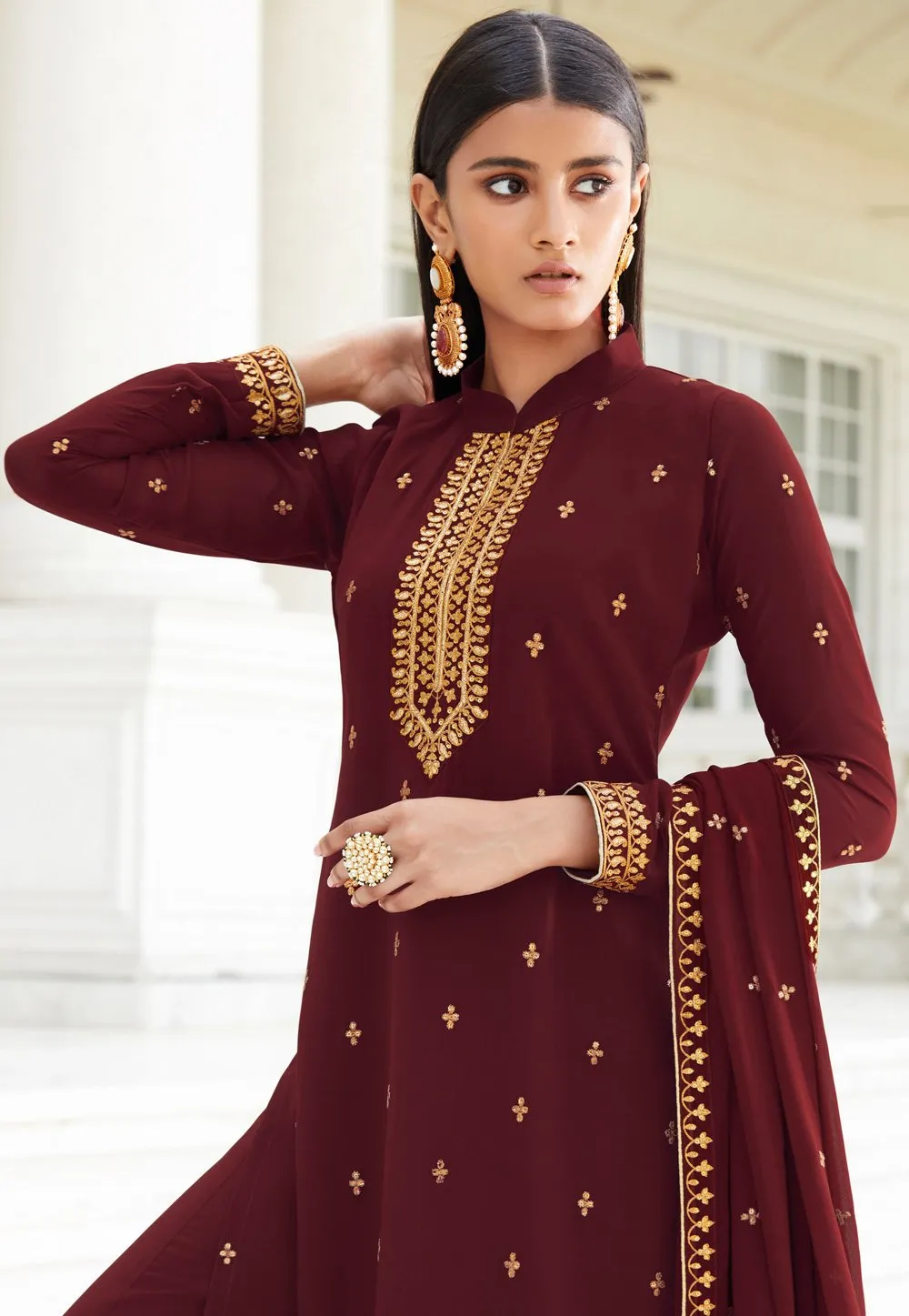 Dazzling Maroon Zari Embroidered Flared Palazzo Suit