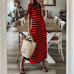 DEANWAQNGKT  Women's Spring  New European and American plus Size Striped Printed Dress  Slit Loose Hem Skirt