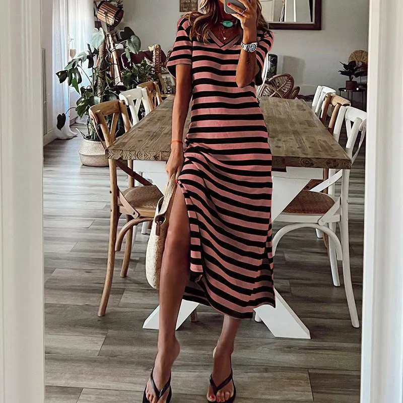 DEANWAQNGKT  Women's Spring  New European and American plus Size Striped Printed Dress  Slit Loose Hem Skirt