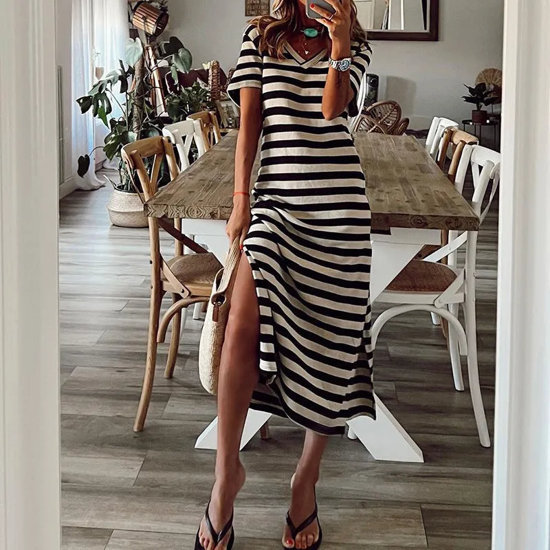 DEANWAQNGKT  Women's Spring  New European and American plus Size Striped Printed Dress  Slit Loose Hem Skirt