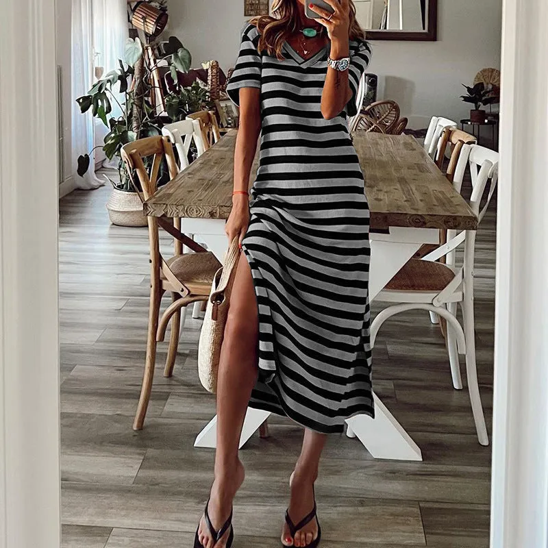 DEANWAQNGKT  Women's Spring  New European and American plus Size Striped Printed Dress  Slit Loose Hem Skirt