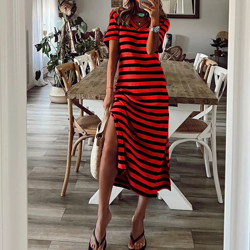 DEANWAQNGKT  Women's Spring  New European and American plus Size Striped Printed Dress  Slit Loose Hem Skirt