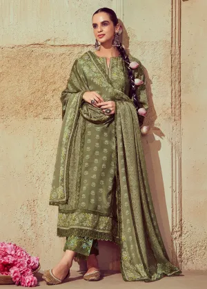 Digital Printed & Embroidered Mehndi Green Muslin Salwar Suit