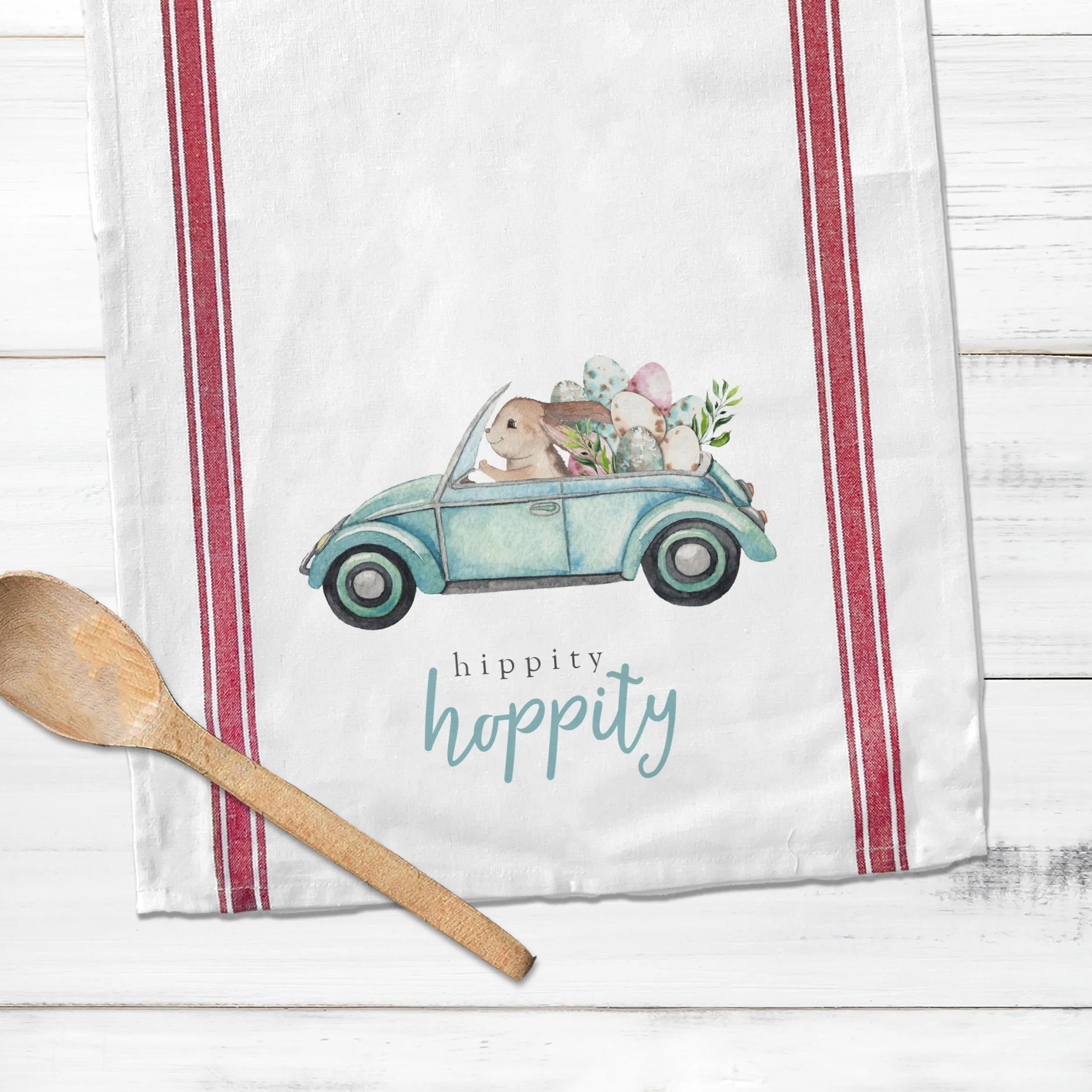 Easter cotton tea towel | hippity hoppity easter kitchen dish towel | decorative easter striped decorative spring tea towel