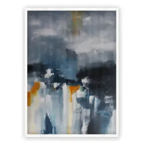 Framed vertical smoky blue & orange abstract wall art print