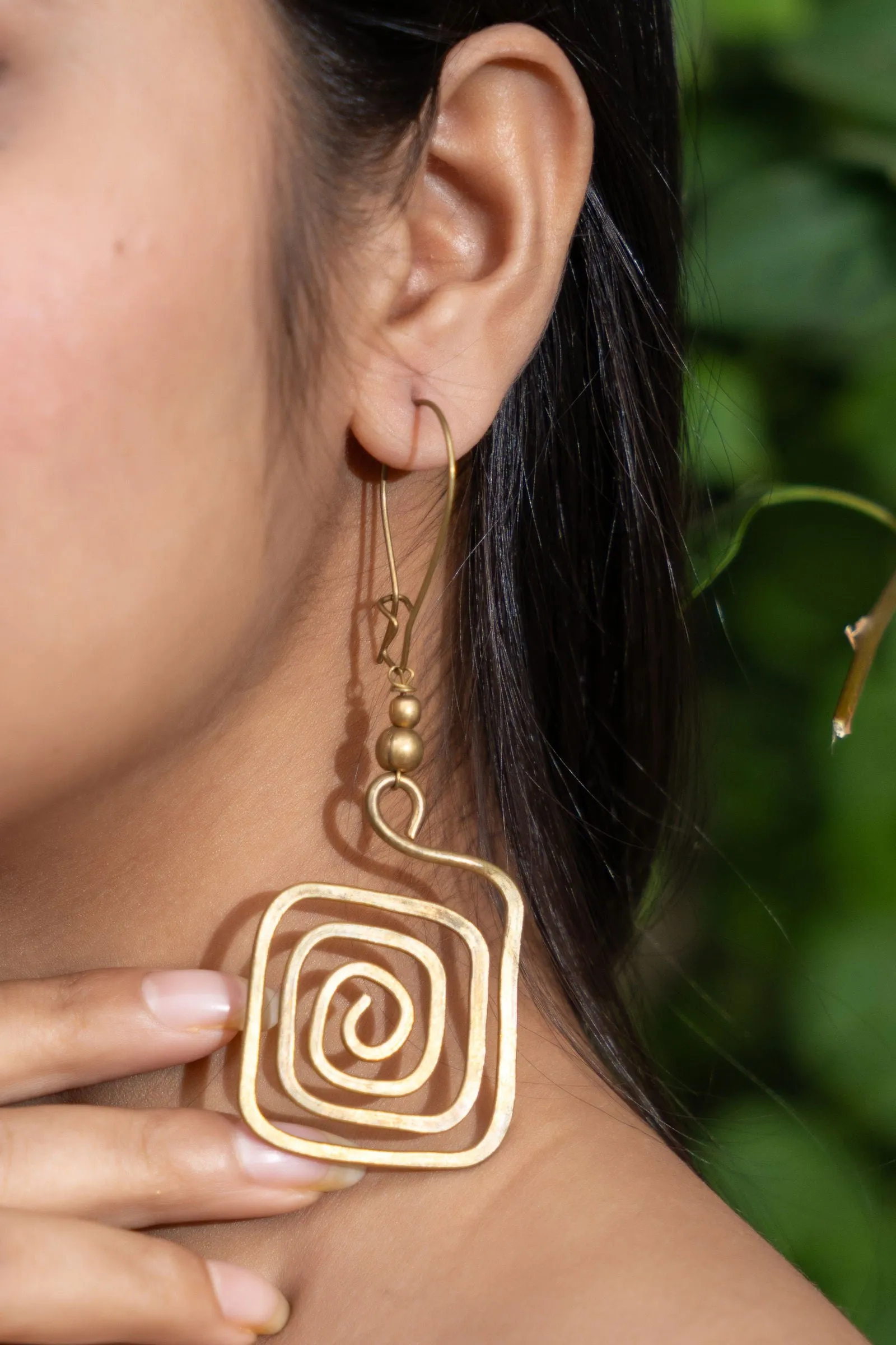 Handmade Dokra Brass Long Square Spiral Earrings with Intricate Design and Artisan Craftsmanship