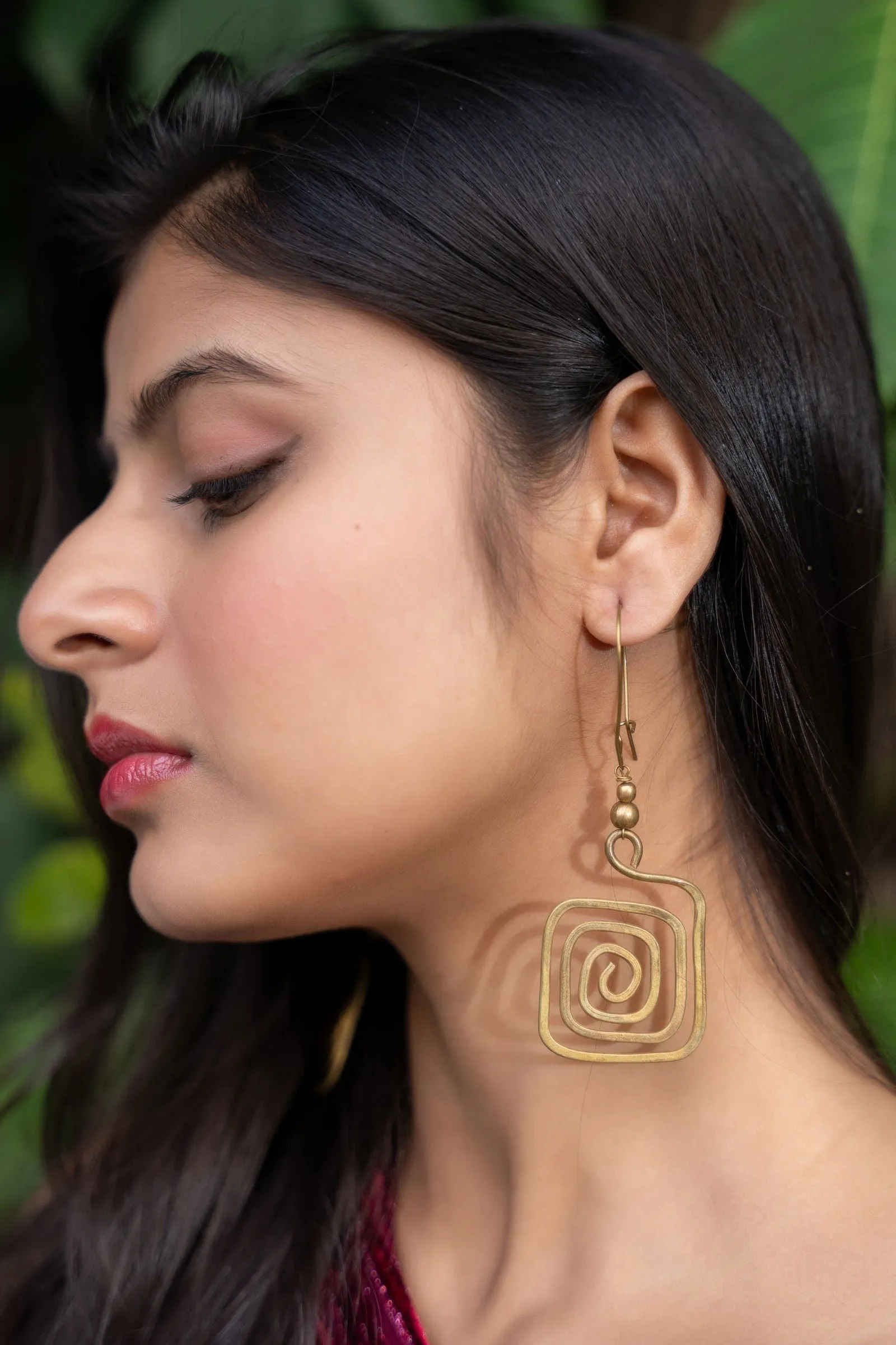 Handmade Dokra Brass Long Square Spiral Earrings with Intricate Design and Artisan Craftsmanship