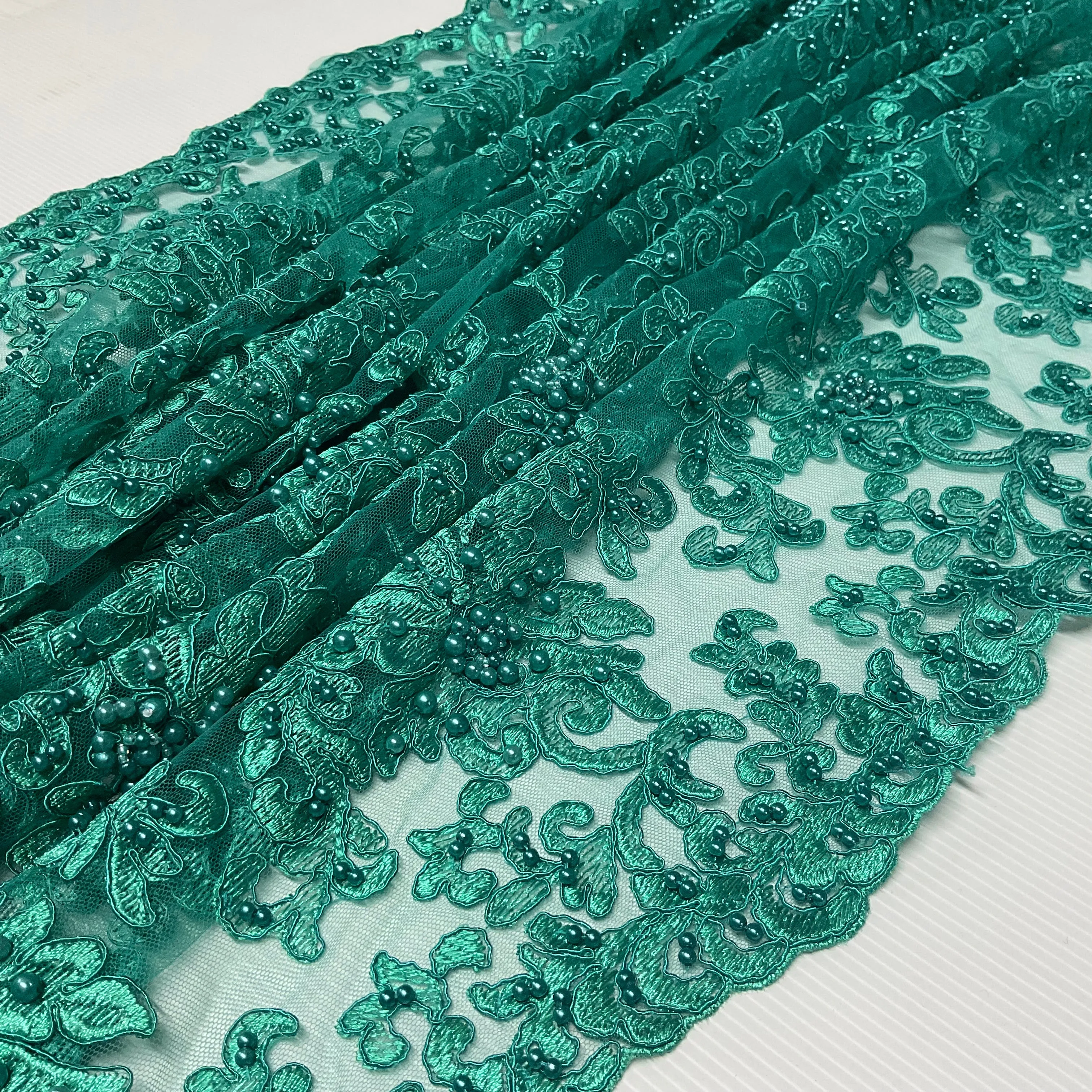 Jade green corded embroidery lace with jade faux pearls - Double scalloped border Fabric -M1400-33