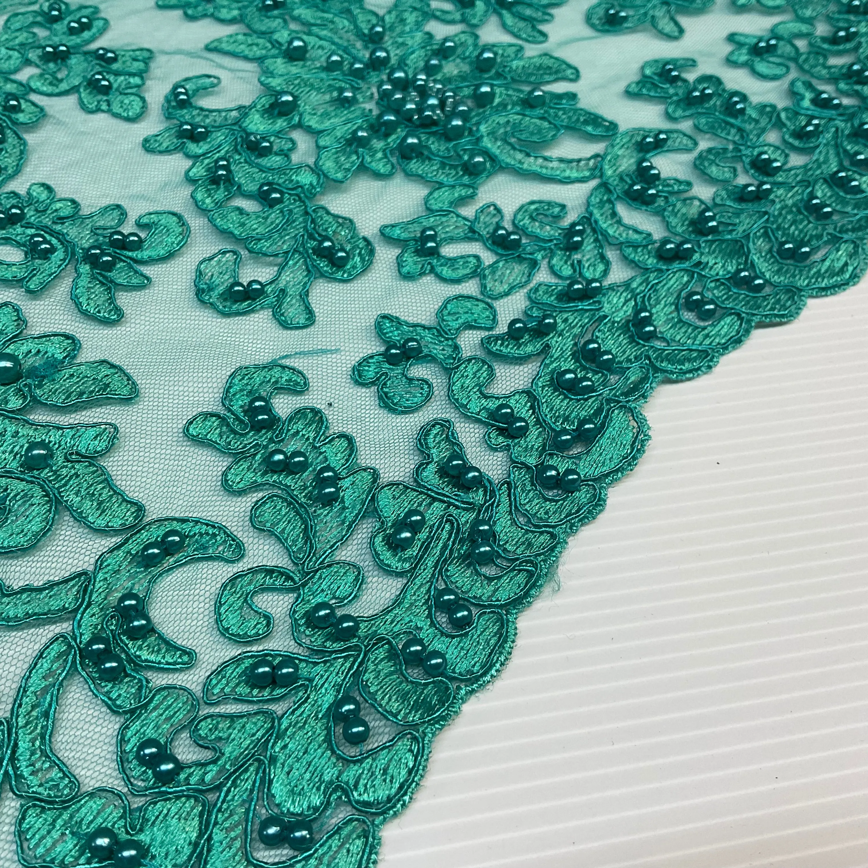 Jade green corded embroidery lace with jade faux pearls - Double scalloped border Fabric -M1400-33