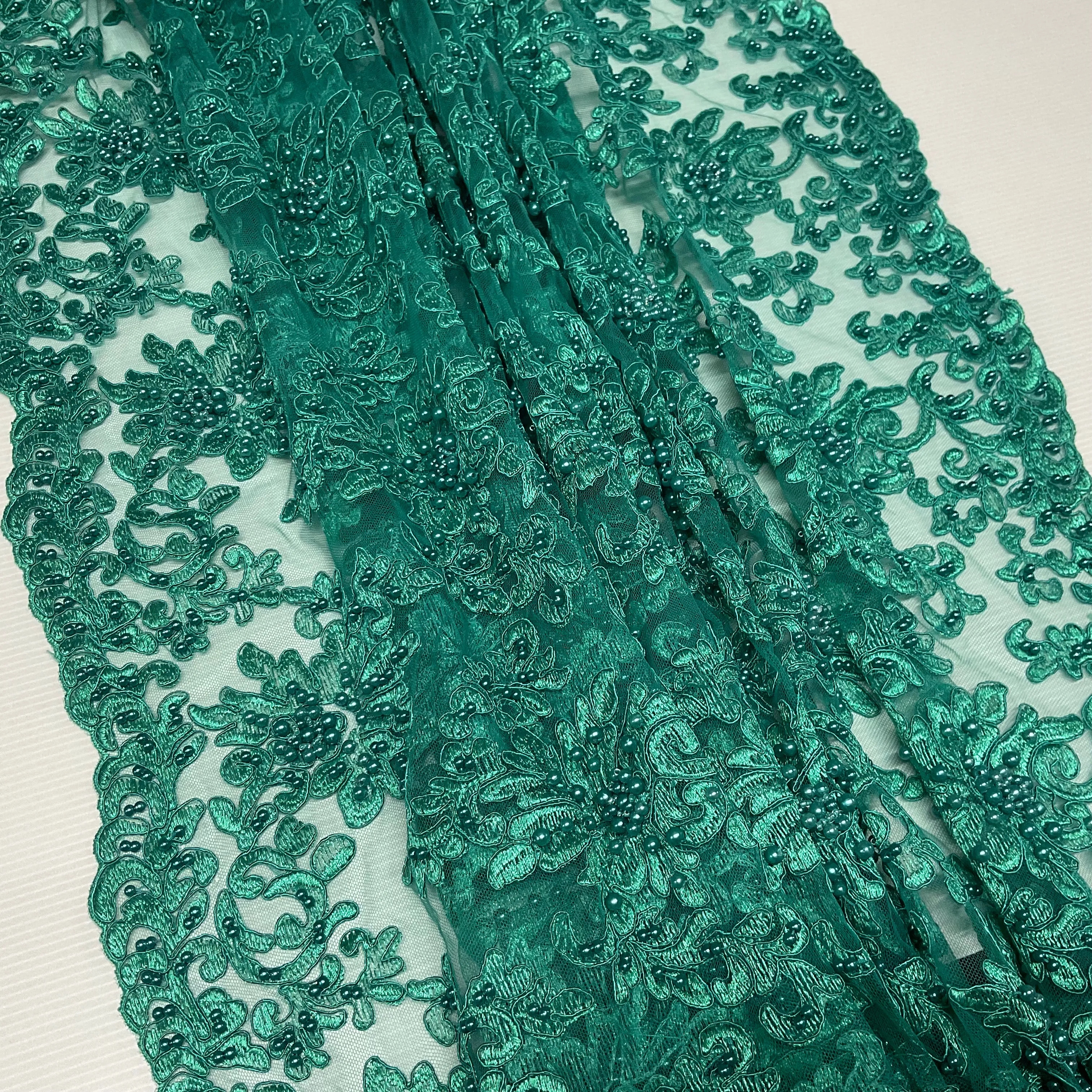 Jade green corded embroidery lace with jade faux pearls - Double scalloped border Fabric -M1400-33