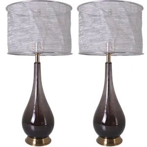 Lola Big Translucent Smoke Gray Ombre Glass Table Lamp 30" - Smoke Gray Ombre/Silver Yarn Shade (Set of 2)