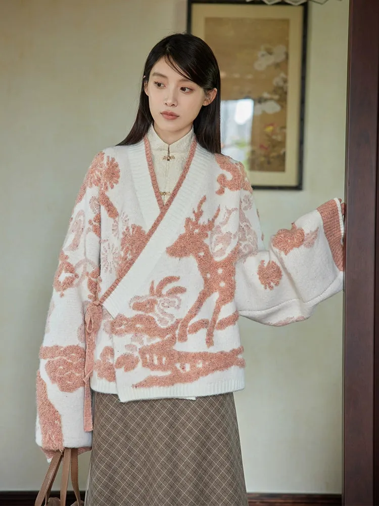 Lu Lu Lu 陆陆陆 New Chinese Style Cross Collar Knit Cardigan & Wrap Skirt Set