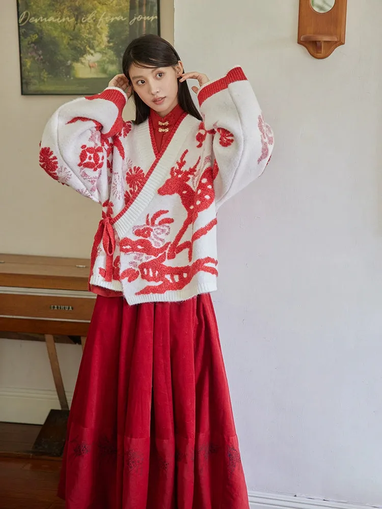 Lu Lu Lu 陆陆陆 New Chinese Style Cross Collar Knit Cardigan & Wrap Skirt Set