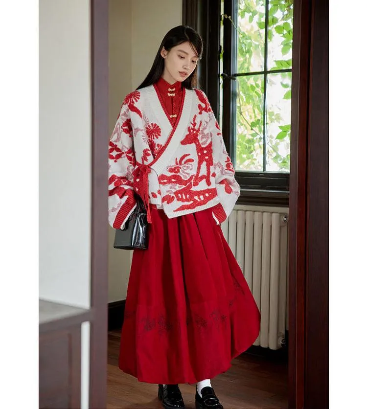 Lu Lu Lu 陆陆陆 New Chinese Style Cross Collar Knit Cardigan & Wrap Skirt Set