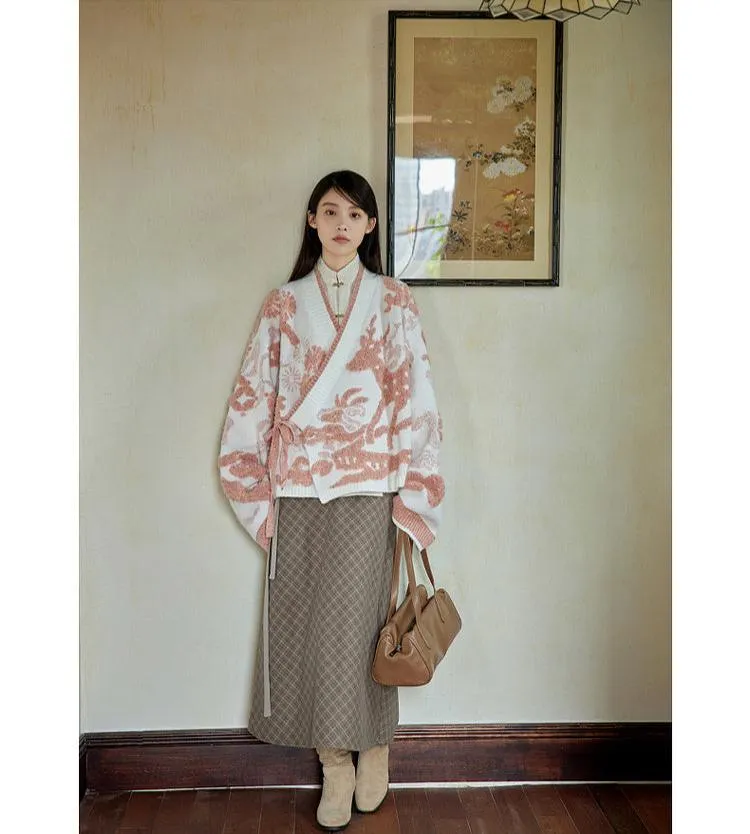 Lu Lu Lu 陆陆陆 New Chinese Style Cross Collar Knit Cardigan & Wrap Skirt Set