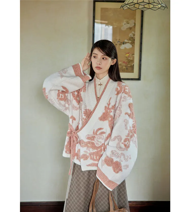 Lu Lu Lu 陆陆陆 New Chinese Style Cross Collar Knit Cardigan & Wrap Skirt Set