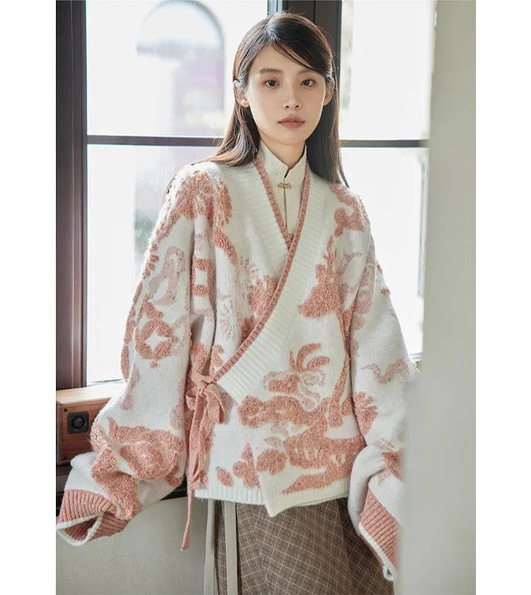 Lu Lu Lu 陆陆陆 New Chinese Style Cross Collar Knit Cardigan & Wrap Skirt Set