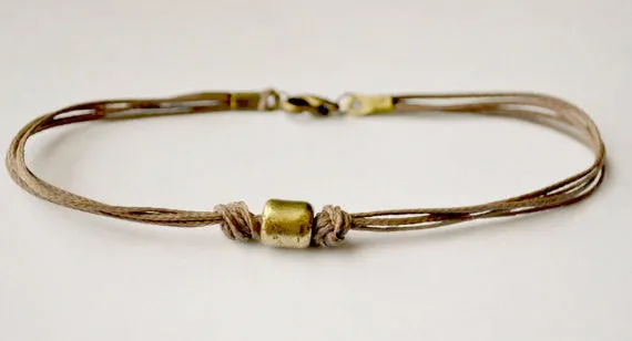 Men's bracelet with bronze tube charm, brown cord, jewelry for men