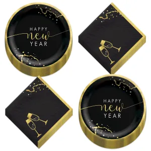 New Year Black & Gold Marble Metallic Paper Dessert Plates & Beverage Napkins (Serves 20)