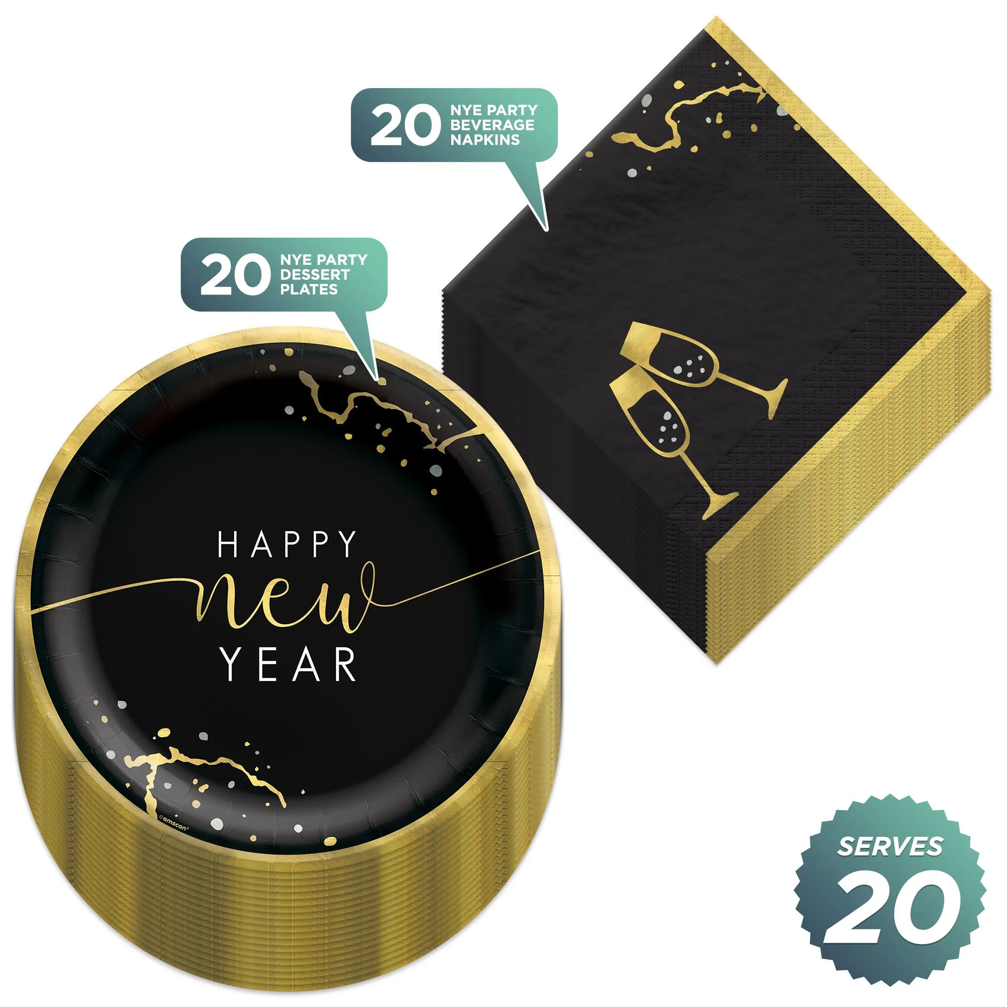 New Year Black & Gold Marble Metallic Paper Dessert Plates & Beverage Napkins (Serves 20)