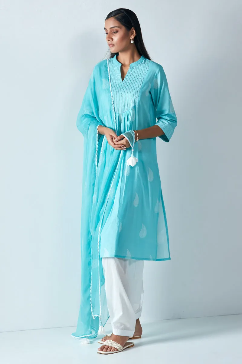 Premium Cotton Printed Kurta With Printed Chiffon Dupatta With Lace & Tassel Detailing