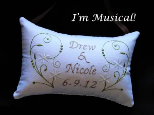 Simple Swirls & Starflowers Music Box Pillow -- Wedding -- Personalized Embroidered MUSICAL Keepsake