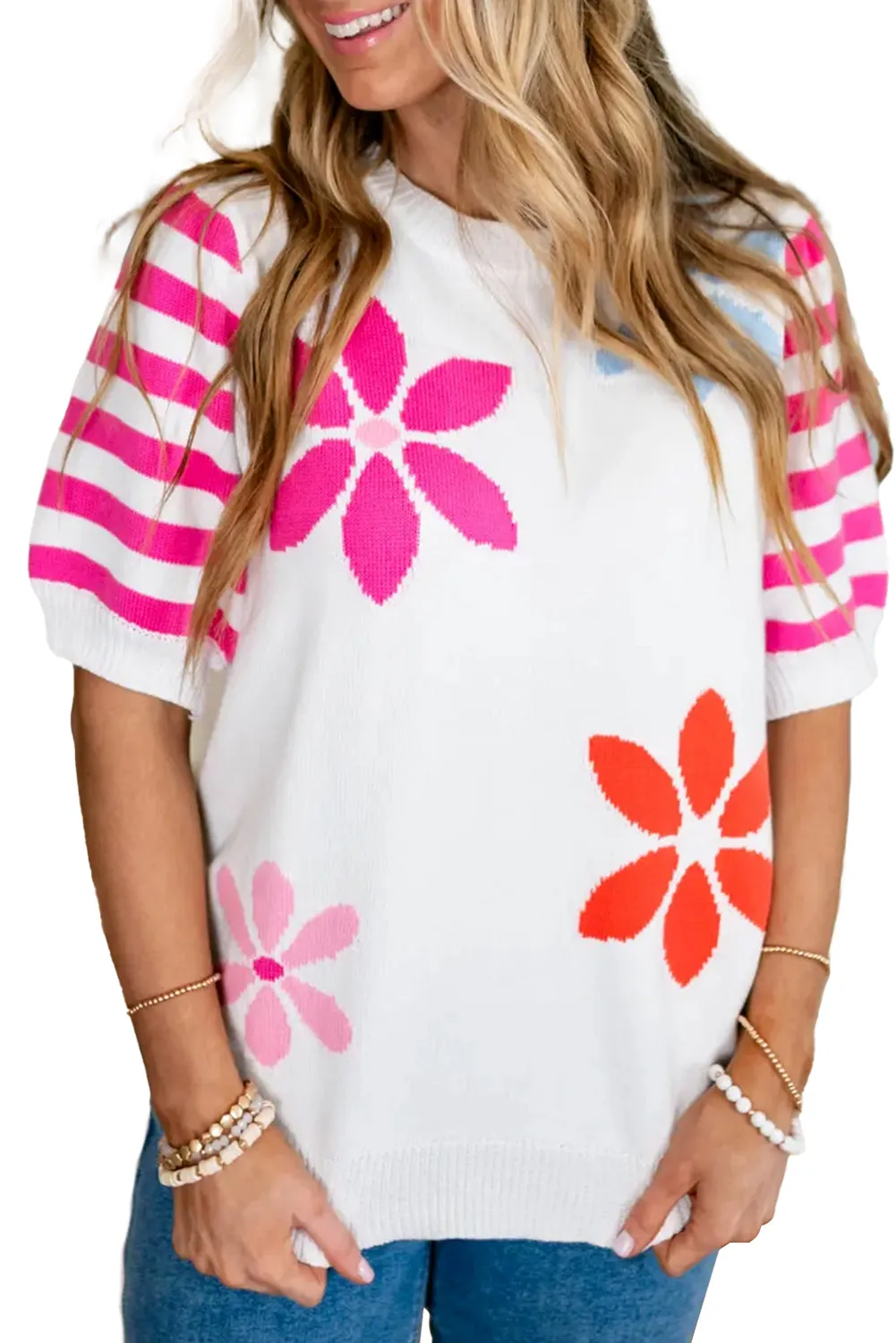 White Colorful Floral Print Striped Sleeve Knitted Tee