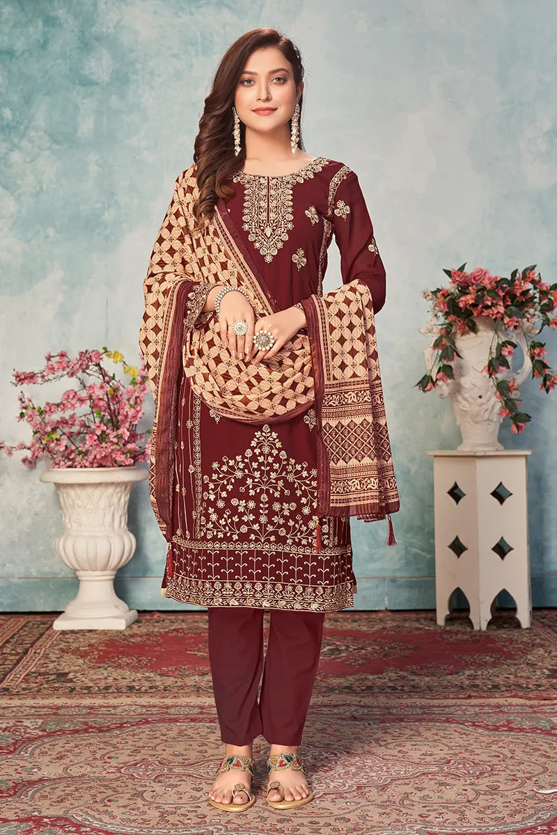 Wine Maroon Festival Wear Embroidered Georgette Suit