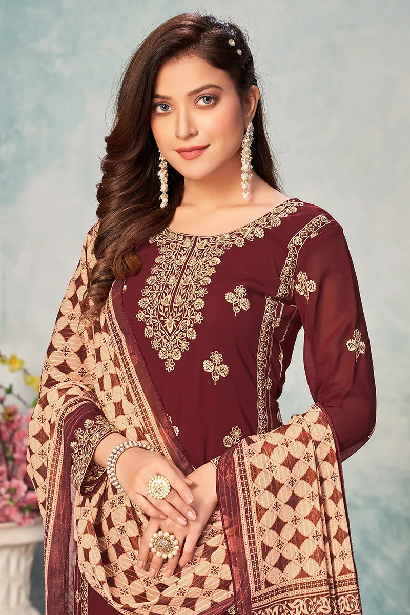 Wine Maroon Festival Wear Embroidered Georgette Suit