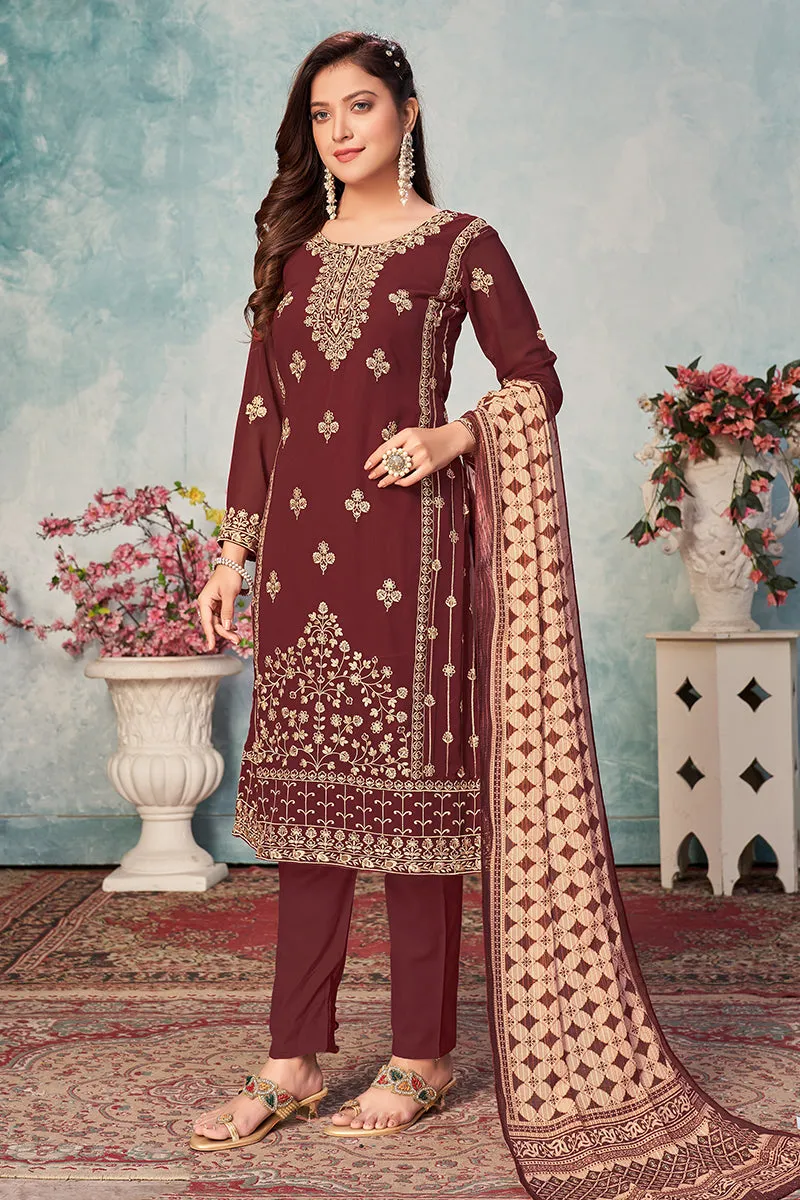 Wine Maroon Festival Wear Embroidered Georgette Suit