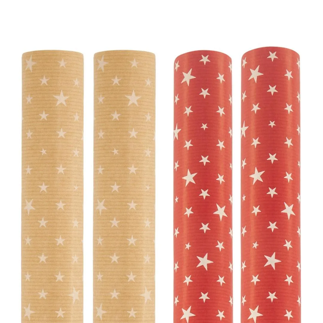 Wrapping Paper - Red or Natural Stars Kraft Gift Wrap - Singles or 4 Pack - 2m Roll