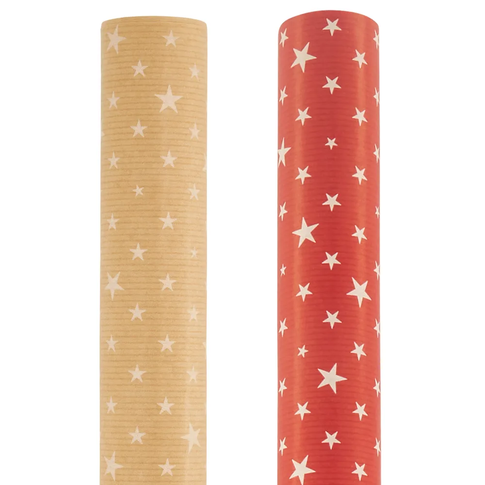 Wrapping Paper - Red or Natural Stars Kraft Gift Wrap - Singles or 4 Pack - 2m Roll